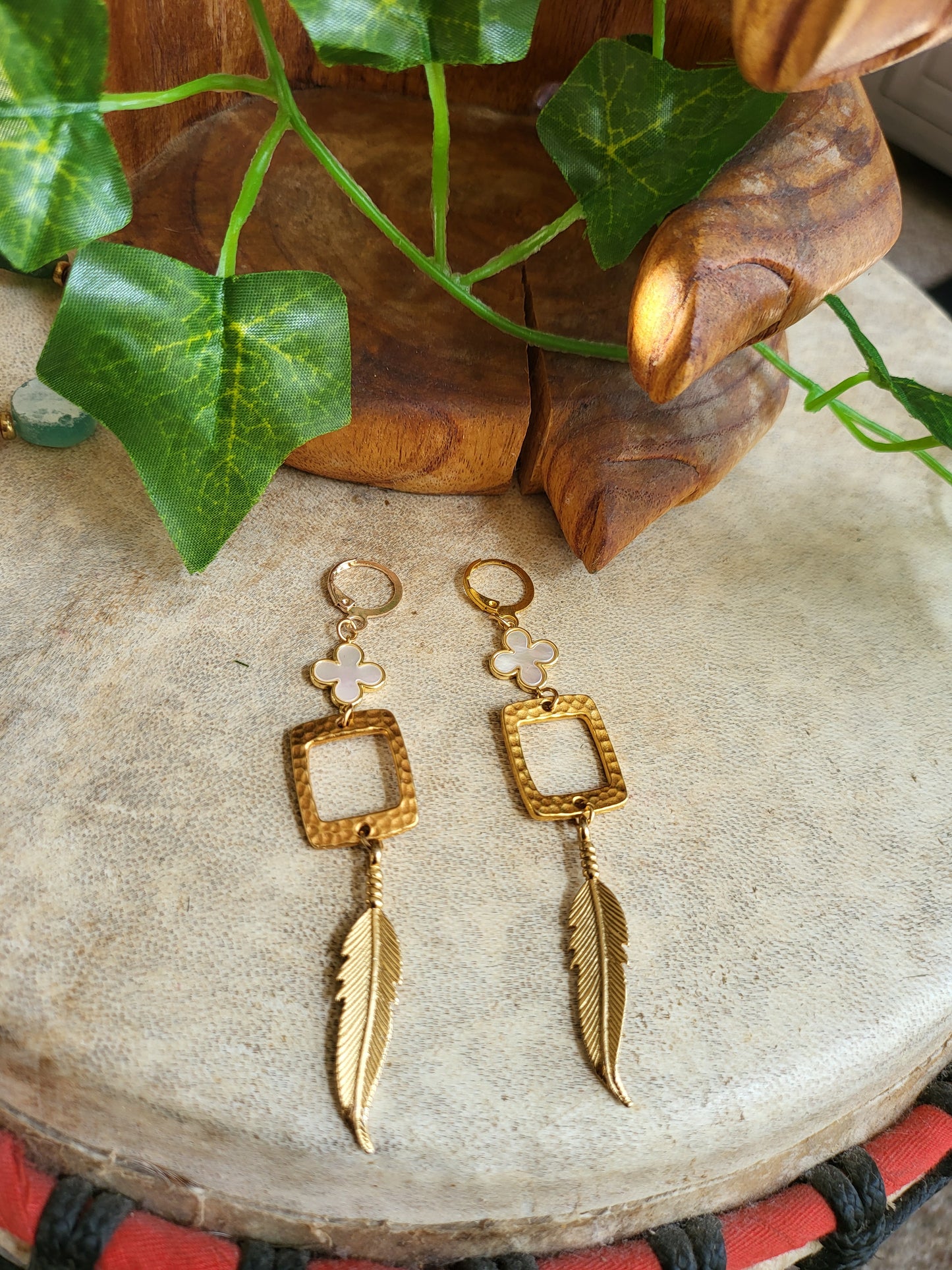 Gold Feather Drop Earrings
