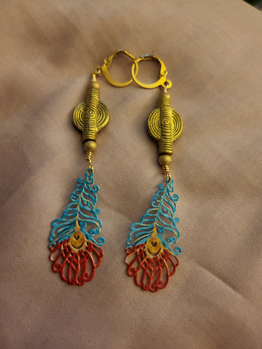 Brass Rainbow Feather Earrings